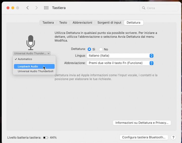 Selezionare come sorgente di input di dettatura sul Mac